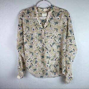 Greylin Sheer Floral Split Neck Long Sleeve Popover Blouse Women's‎ Size Small